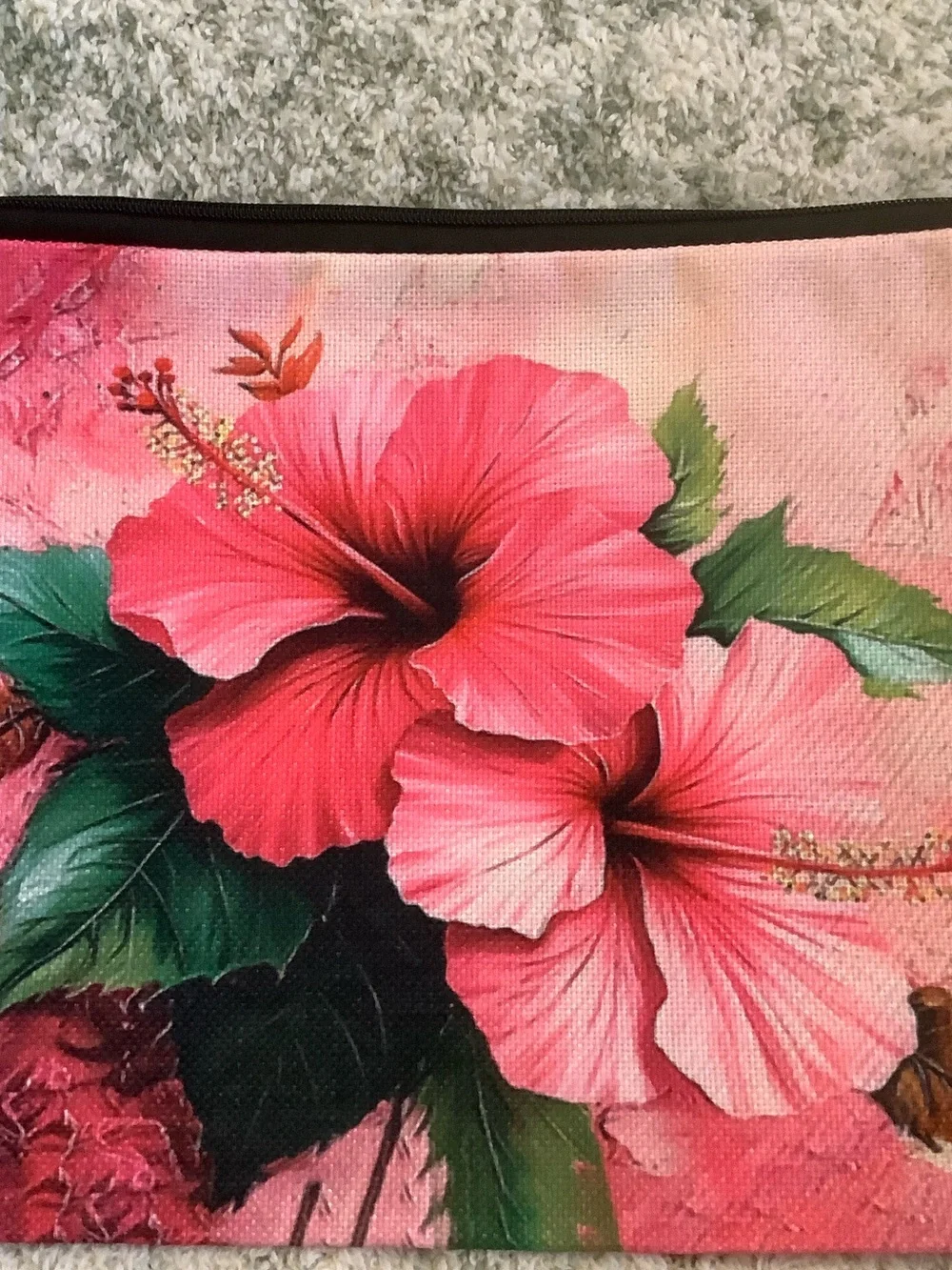 Hot Pink Tropical Floral Cosmetic Bag Canvas Pouch with Hibiscus Print NWT 10x7.